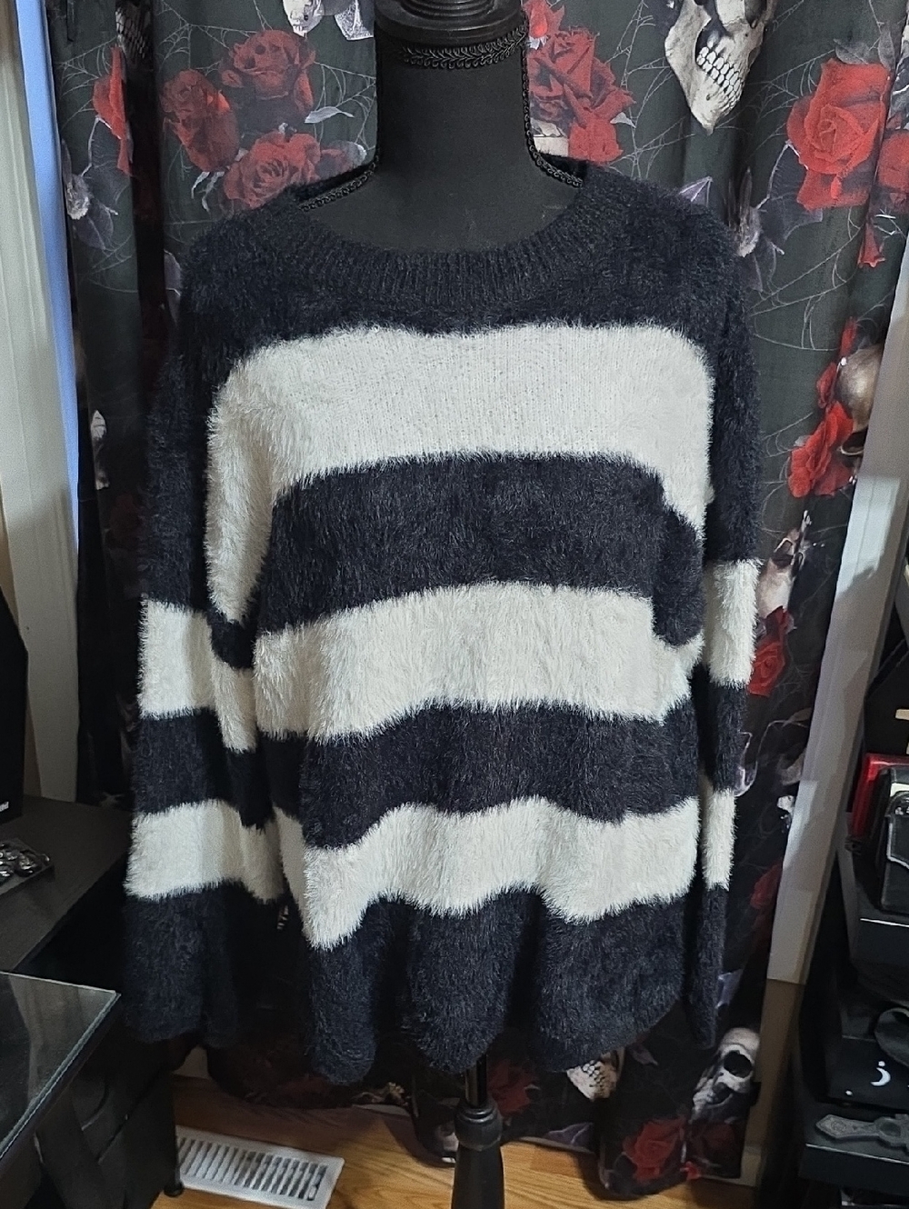 Striped Fuzzy Crewneck Sweater in Black and White